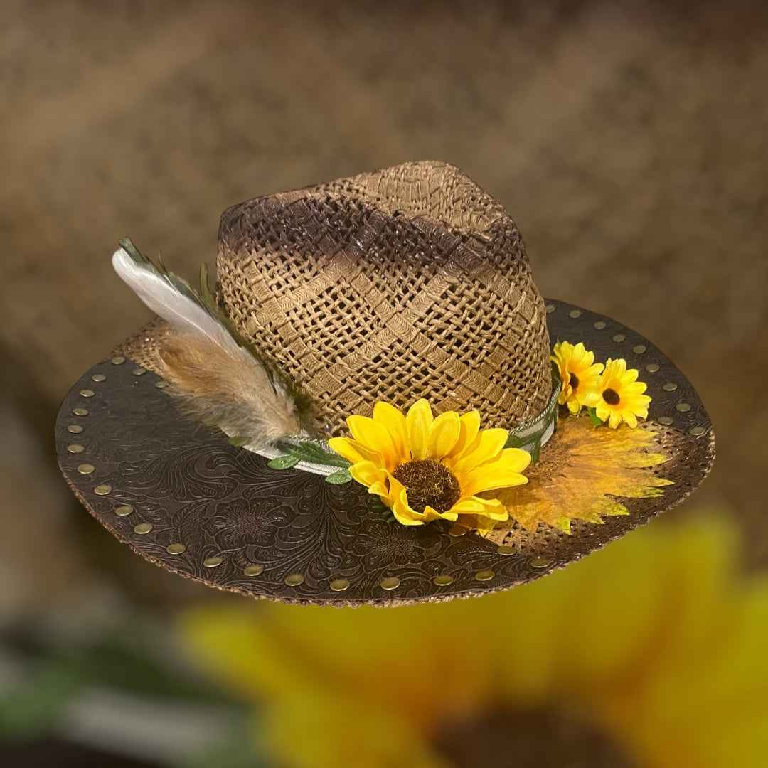 "Sunflower Days": Custom Straw-Raffia Rancher Hat, Decoupage, Teardrop Crown