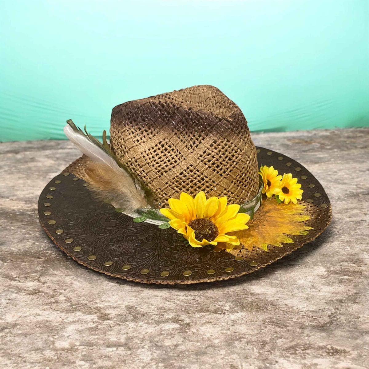 "Sunflower Days": Custom Straw-Raffia Rancher Hat, Decoupage, Teardrop Crown