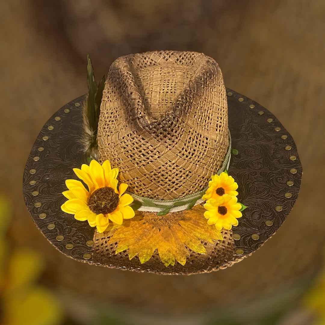 "Sunflower Days": Custom Straw-Raffia Rancher Hat, Decoupage, Teardrop Crown