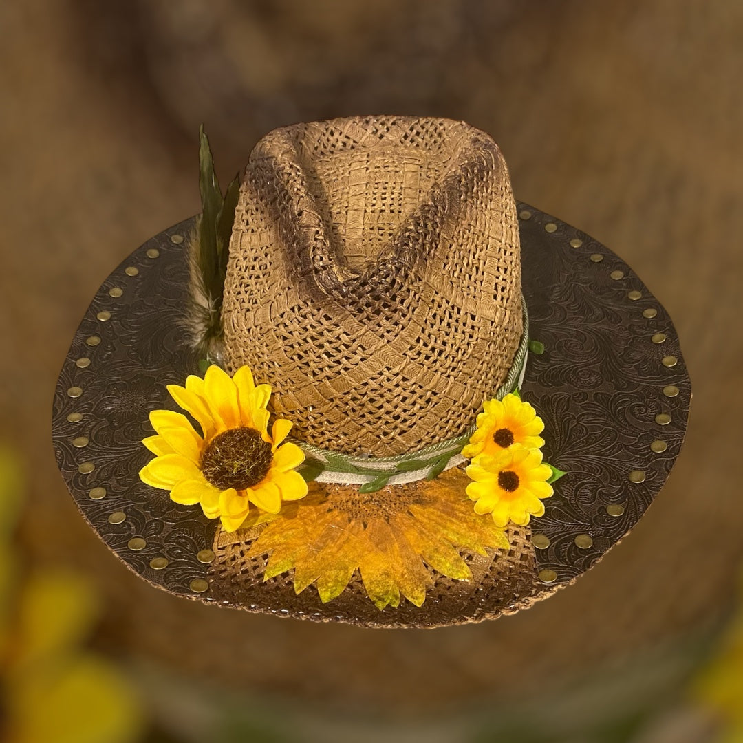 Custom Straw Rancher Hat: OOAK embossed leathers, rivets and decoupage