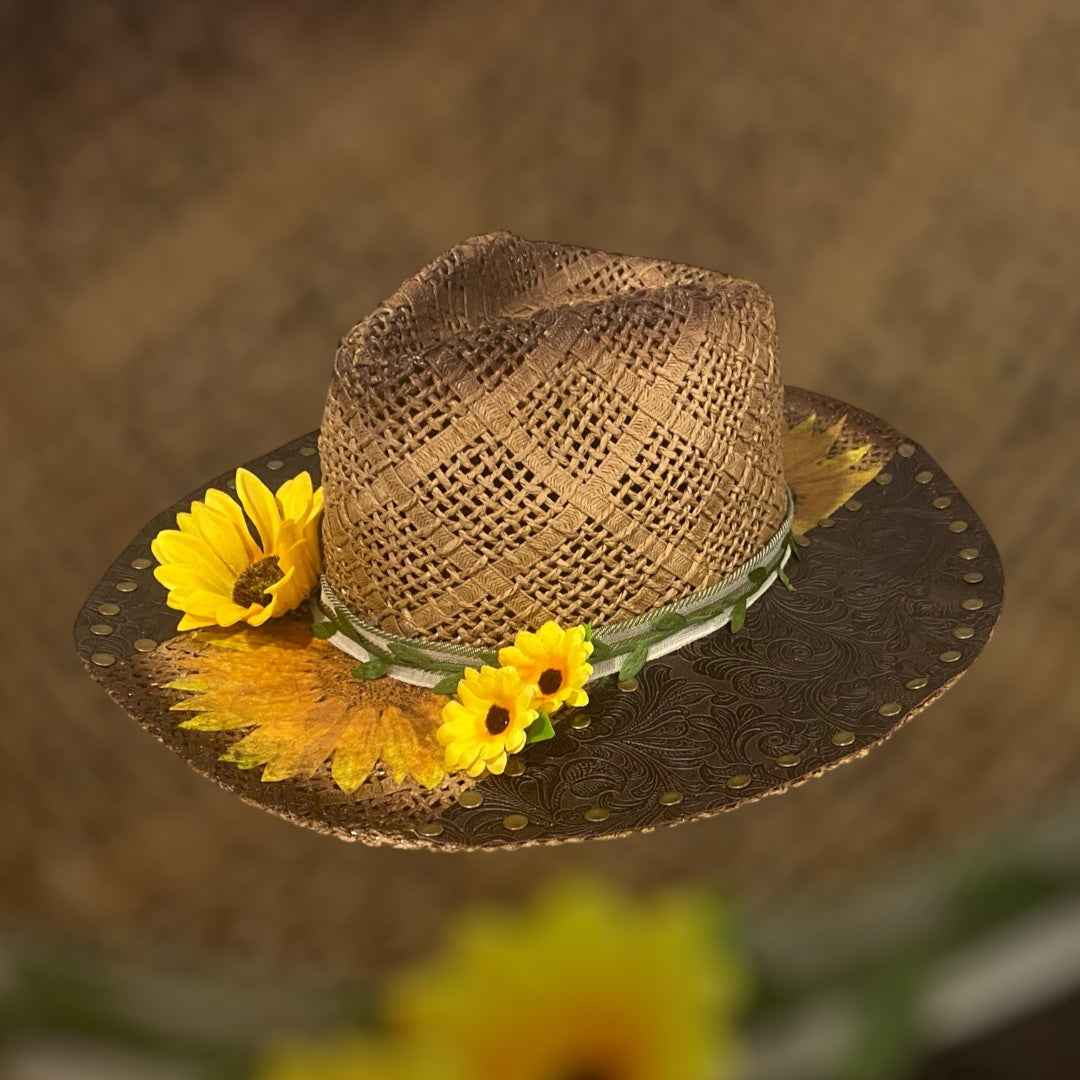 "Sunflower Days": Custom Straw-Raffia Rancher Hat, Decoupage, Teardrop Crown