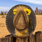 Custom Straw Rancher Hat: OOAK embossed leathers, rivets and decoupage