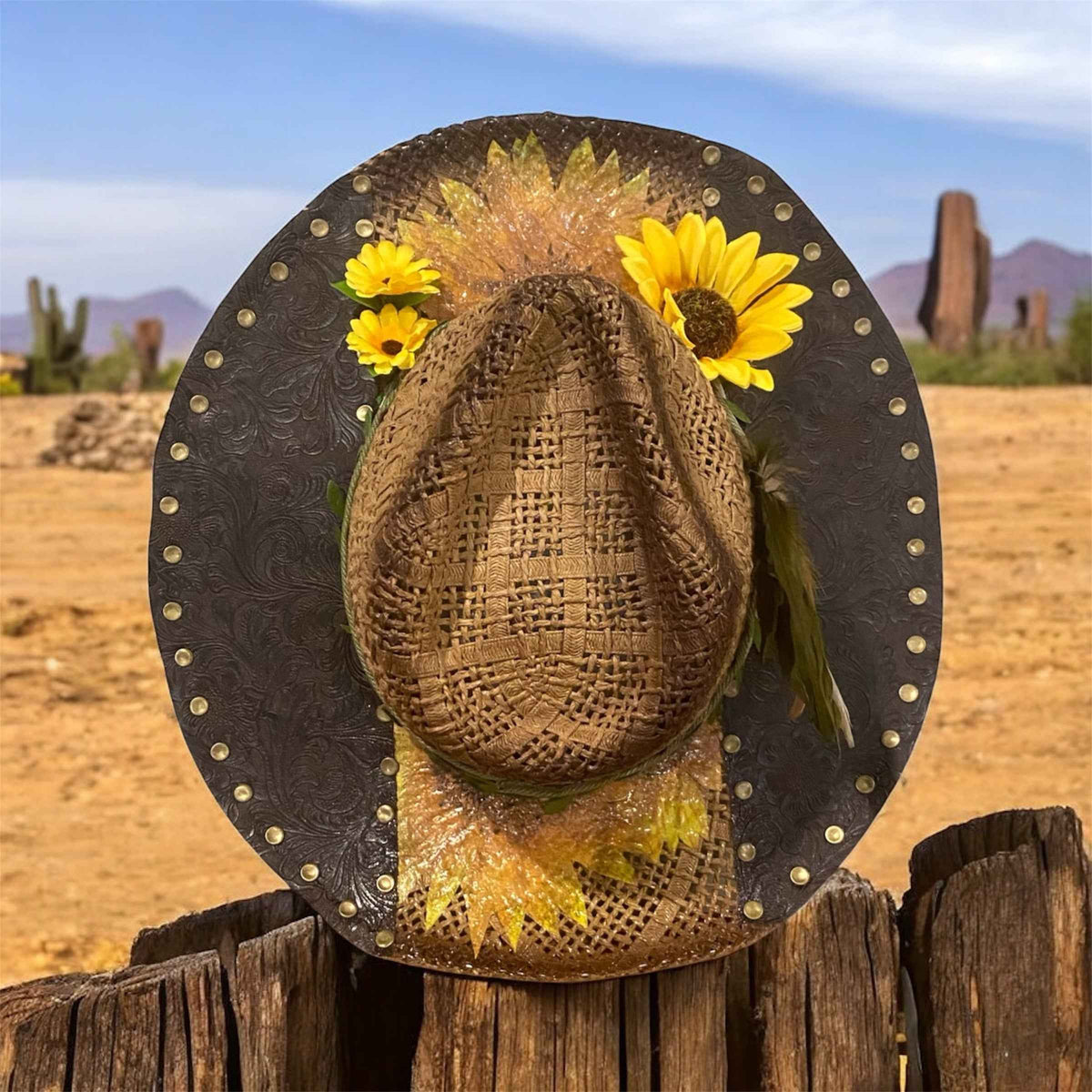 "Sunflower Days": Custom Straw-Raffia Rancher Hat, Decoupage, Teardrop Crown