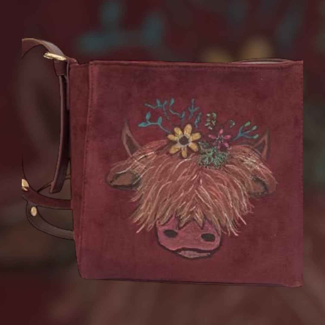 Custom Suedette Small Shoulder Bag, both sides hand-burned, Highland Cow!