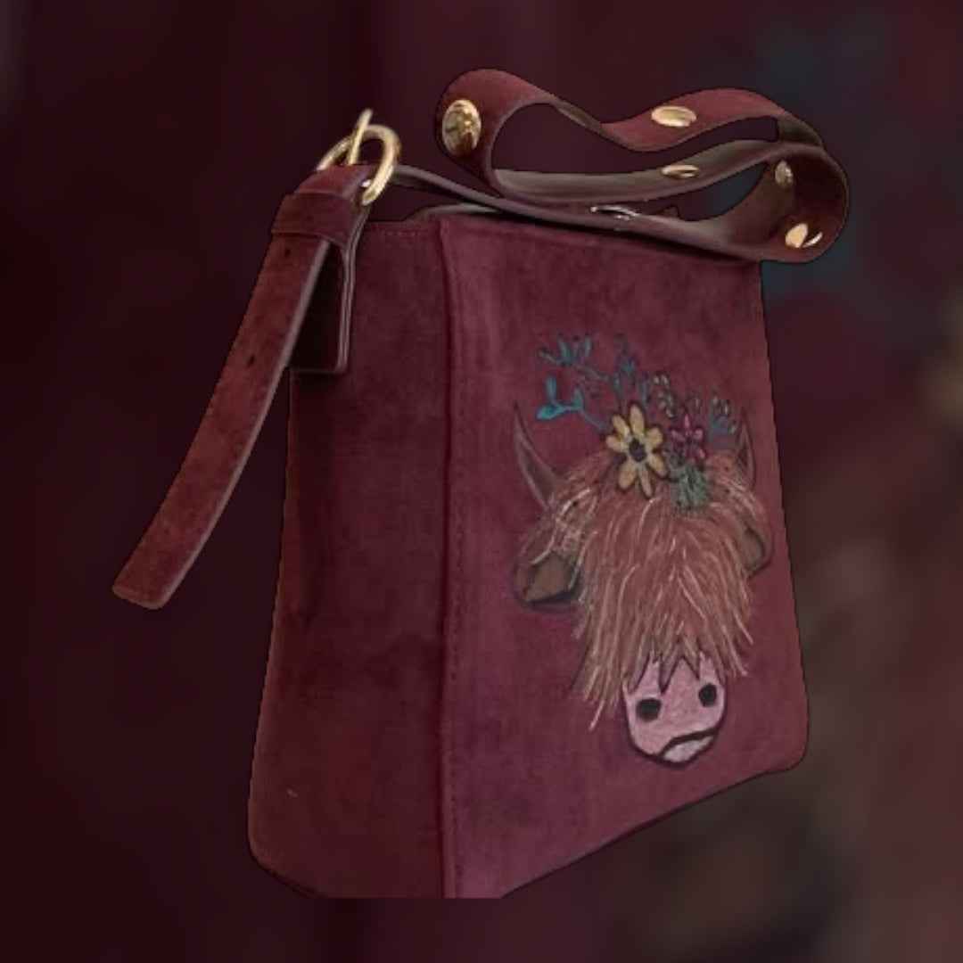 Custom Suedette Small Shoulder Bag, both sides hand-burned, Highland Cow!