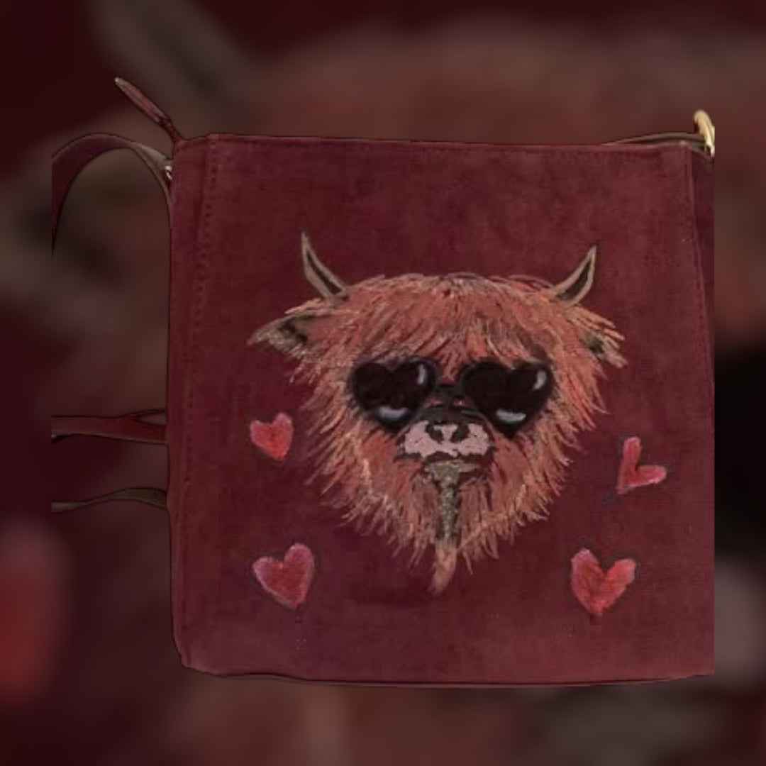 Custom Suedette Small Shoulder Bag, both sides hand-burned, Highland Cow!