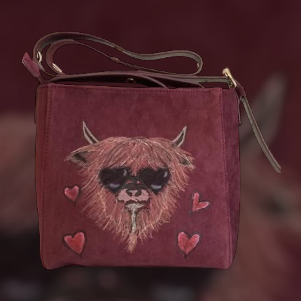 Custom Suedette Small Shoulder Bag, both sides hand-burned, Highland Cow!