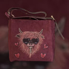 Custom Suedette Small Shoulder Bag, both sides hand-burned, Highland Cow!