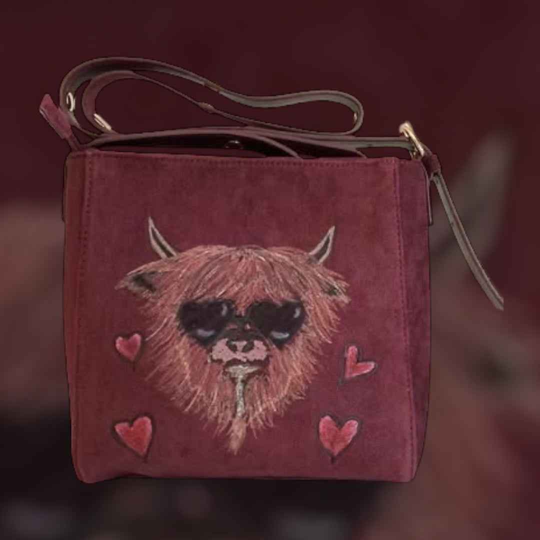 Custom Suedette Small Shoulder Bag, both sides hand-burned, Highland Cow!