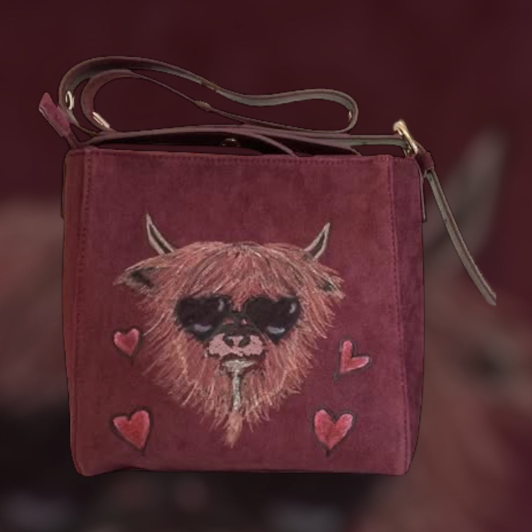 Custom Suedette Small Shoulder Bag, both sides hand-burned, Highland Cow!