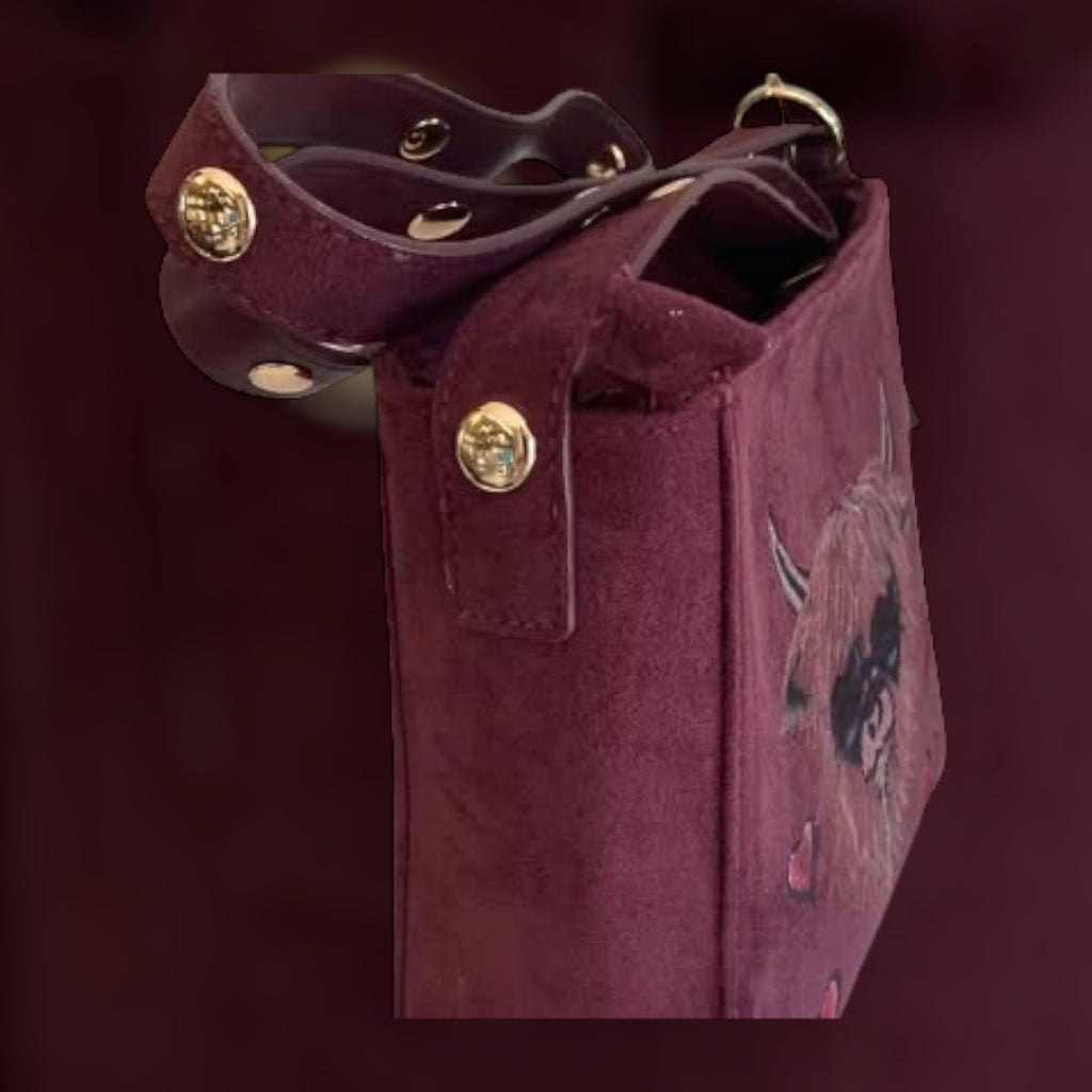 Custom Suedette Small Shoulder Bag, both sides hand-burned, Highland Cow!