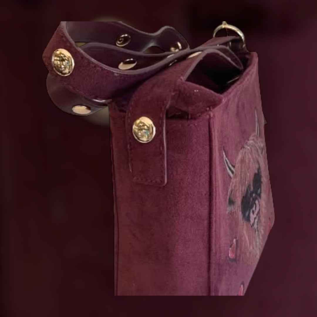 Custom Suedette Small Shoulder Bag, both sides hand-burned, Highland Cow!