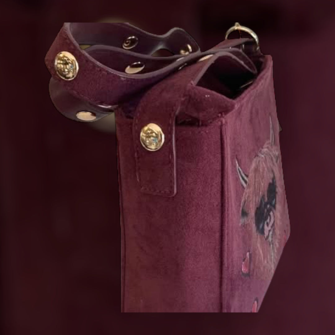 Custom Suedette Small Shoulder Bag, both sides hand-burned, Highland Cow!