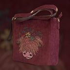 Custom Suedette Small Shoulder Bag, both sides hand-burned, Highland Cow!