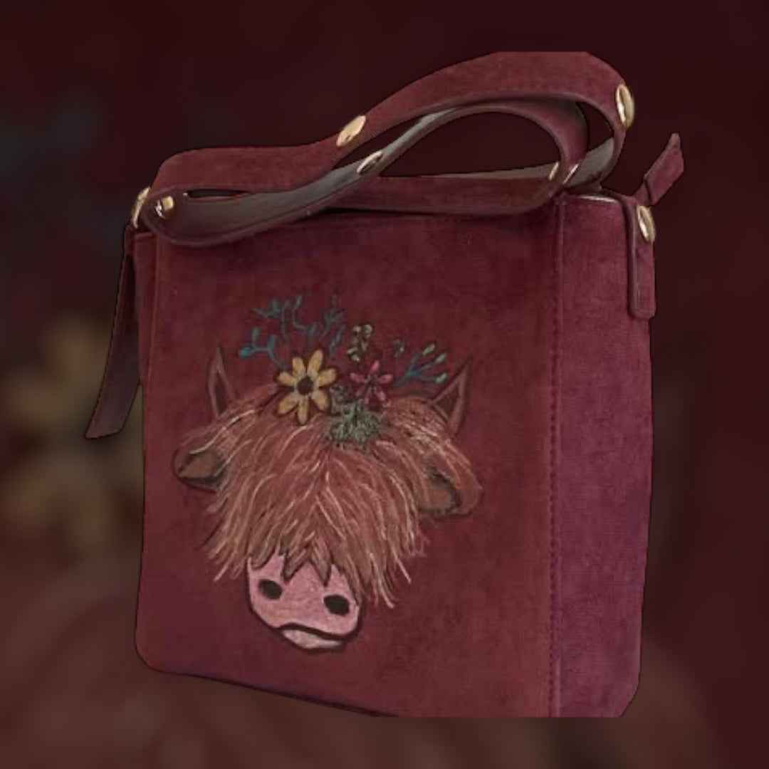 Custom Suedette Small Shoulder Bag, both sides hand-burned, Highland Cow!