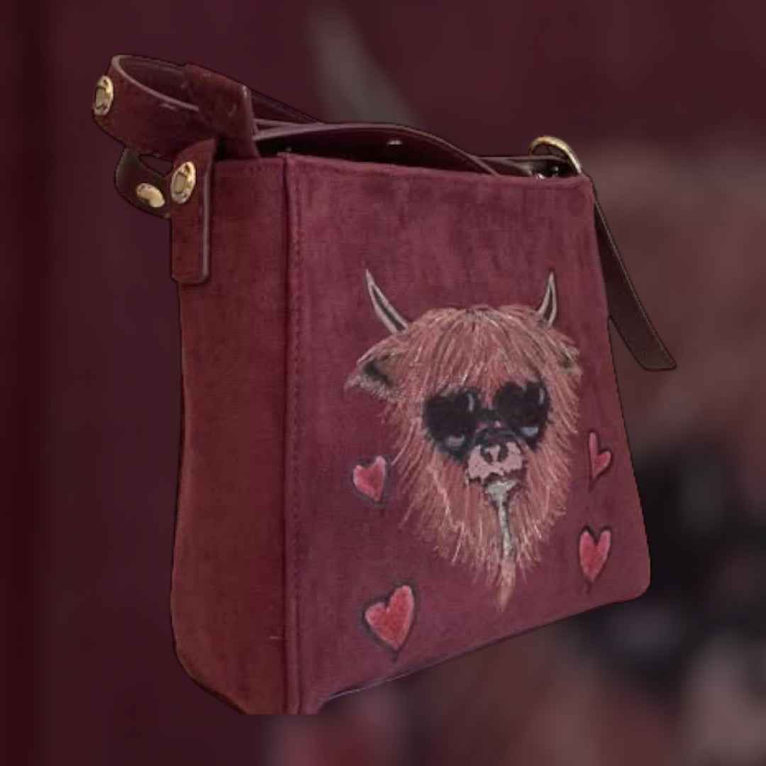 Custom Suedette Small Shoulder Bag, both sides hand-burned, Highland Cow!