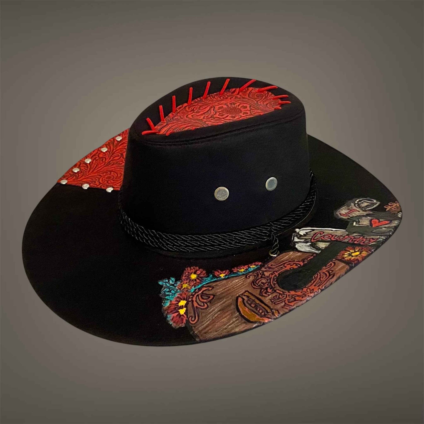 "I Heart Country": Custom Lightweight Felt Hat, Hand-burned & Painted, Western Block