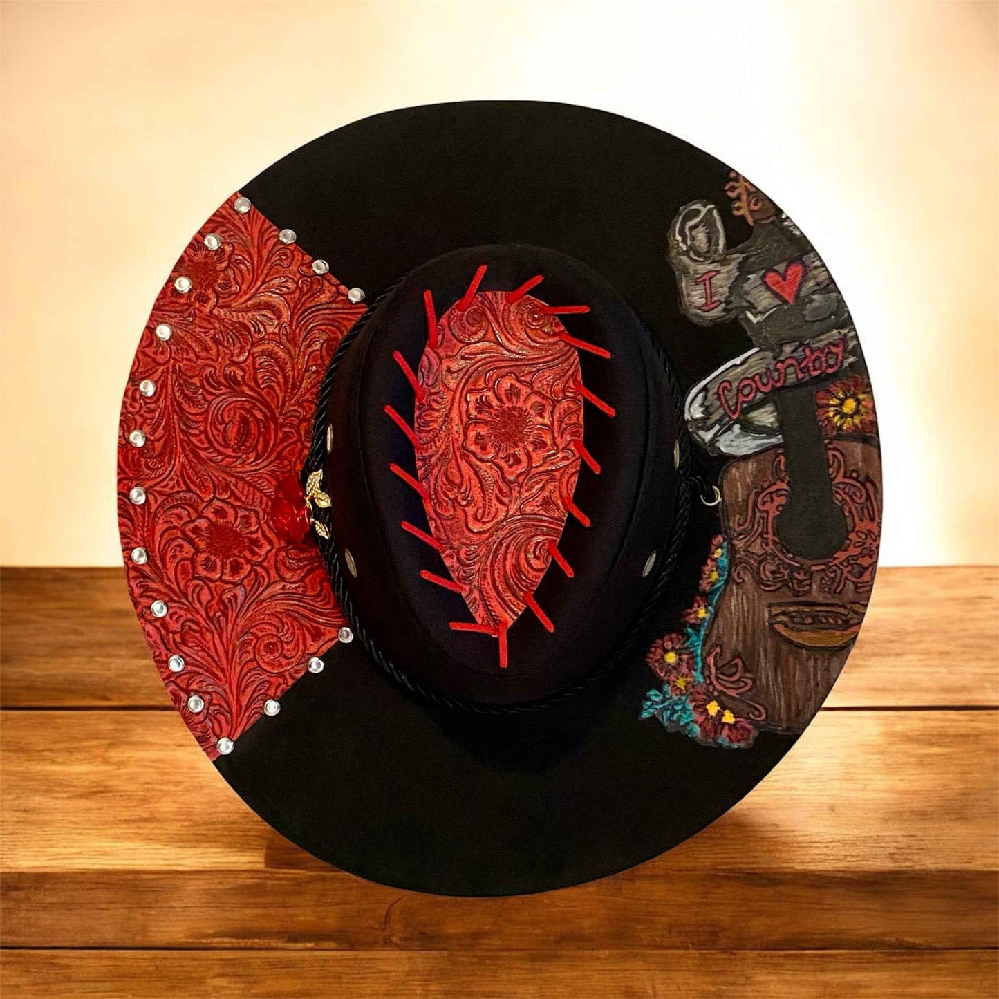 "I Heart Country": Custom Lightweight Felt Hat, Hand-burned & Painted, Western Block