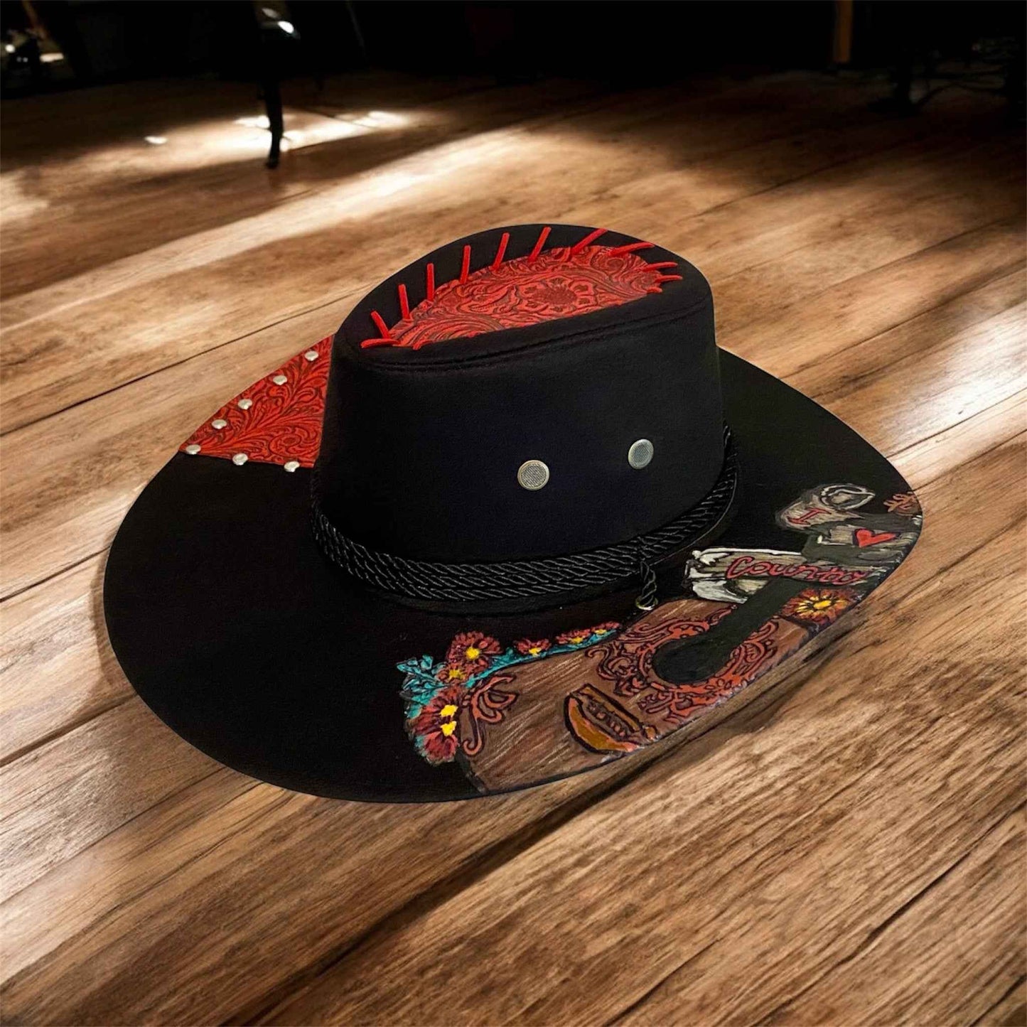 "I Heart Country": Custom Lightweight Felt Hat, Hand-burned & Painted, Western Block