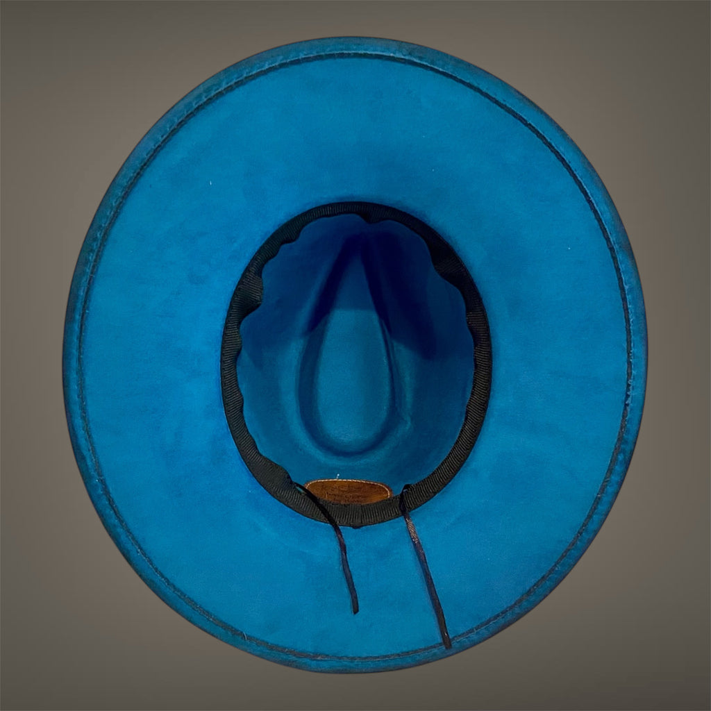 Vegan Suede Custom Fedora Hat "My Boots Made Me Do it" Peacock Blue Diamante
