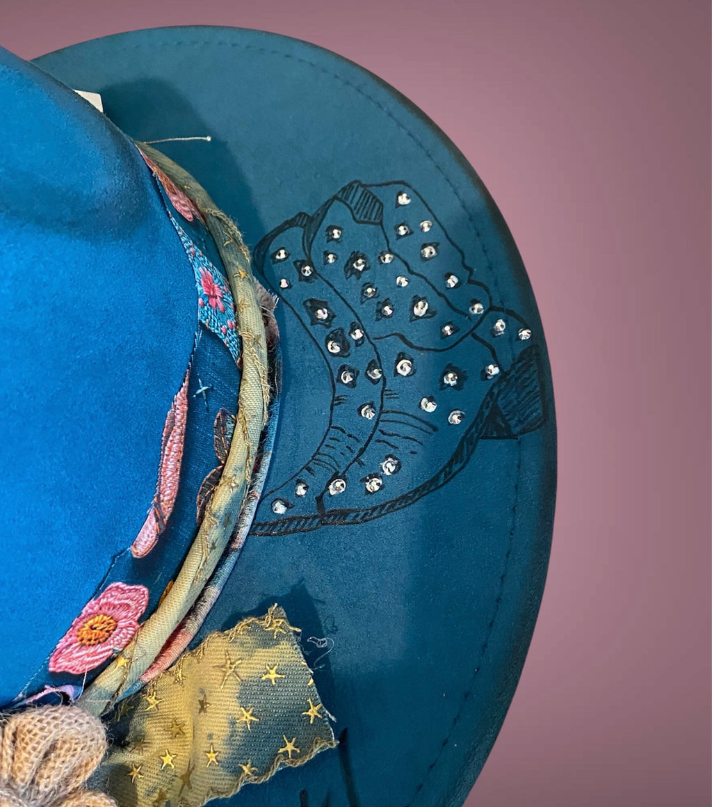Vegan Suede Custom Fedora Hat "My Boots Made Me Do it" Peacock Blue Diamante