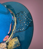 Vegan Suede Custom Fedora Hat "My Boots Made Me Do it" Peacock Blue Diamante