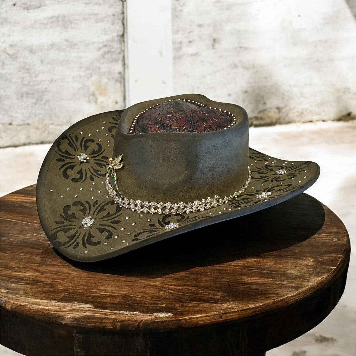 Custom Cowboy Hat with Diamantes – Diamonds & Dragonflies Deluxe Suedette Design