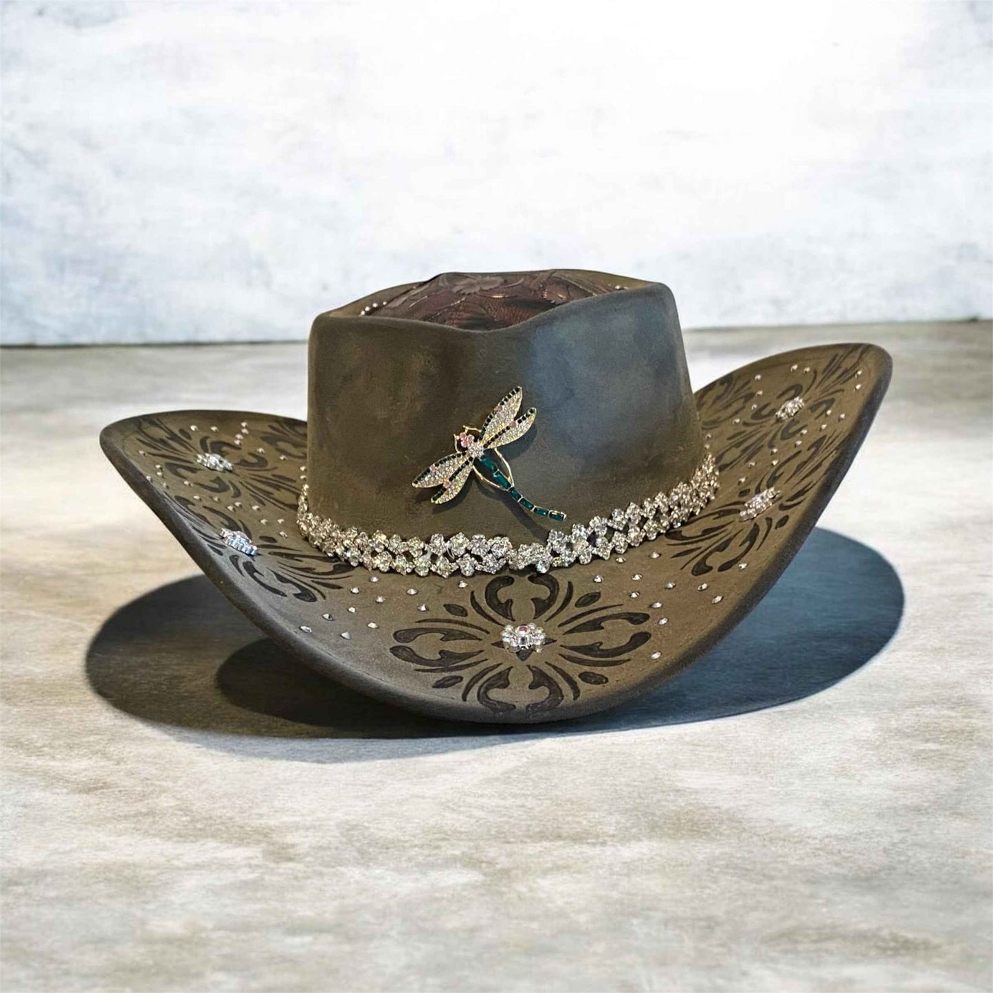 Custom Cowboy Hat with Diamantes – Diamonds & Dragonflies Deluxe Suedette Design