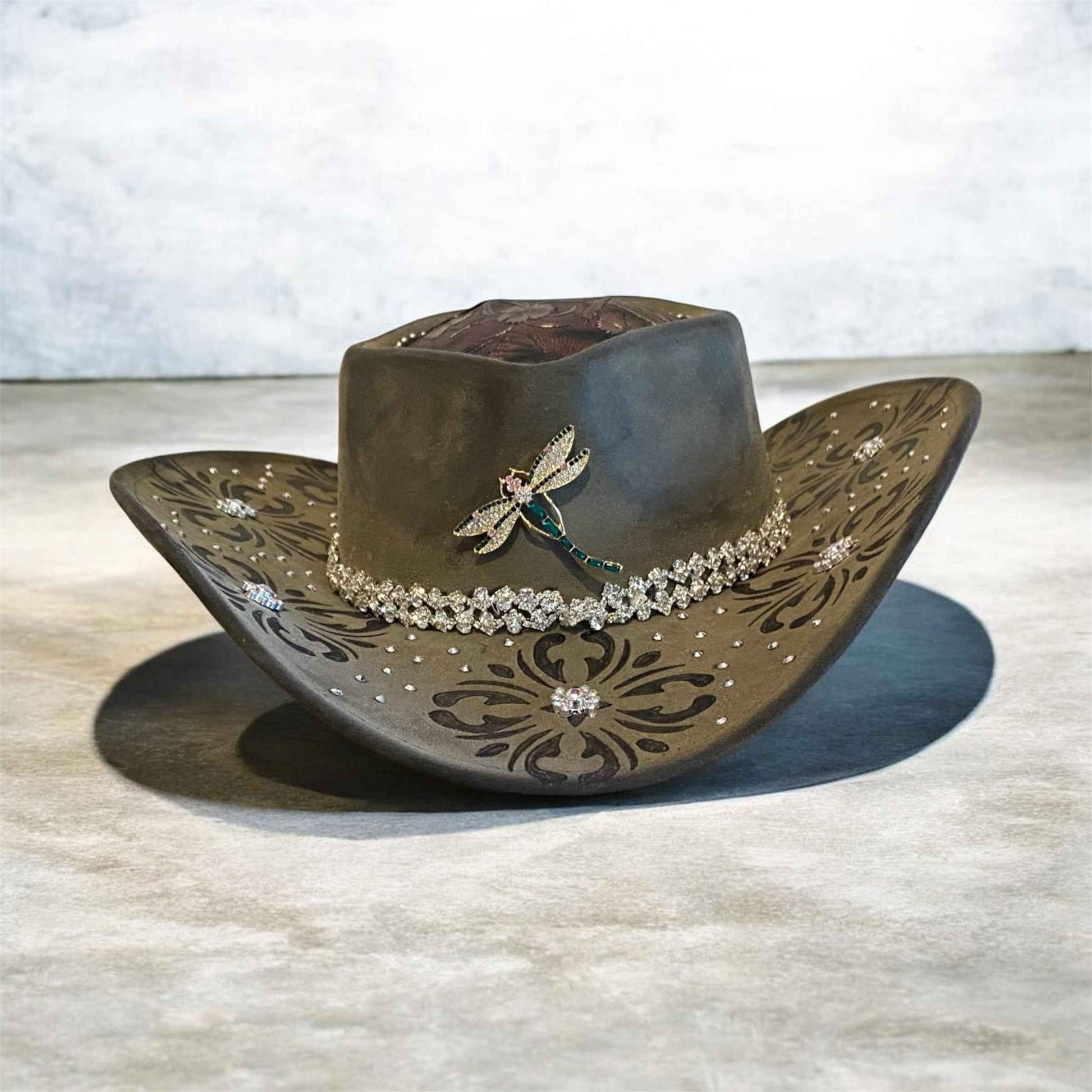 Custom Cowboy Hat with Diamantes – Diamonds & Dragonflies Deluxe Suedette Design
