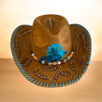 OOAK Custom Cowboy Hat "Feathers" Acorn Coloured Vegan Suede, Diamante