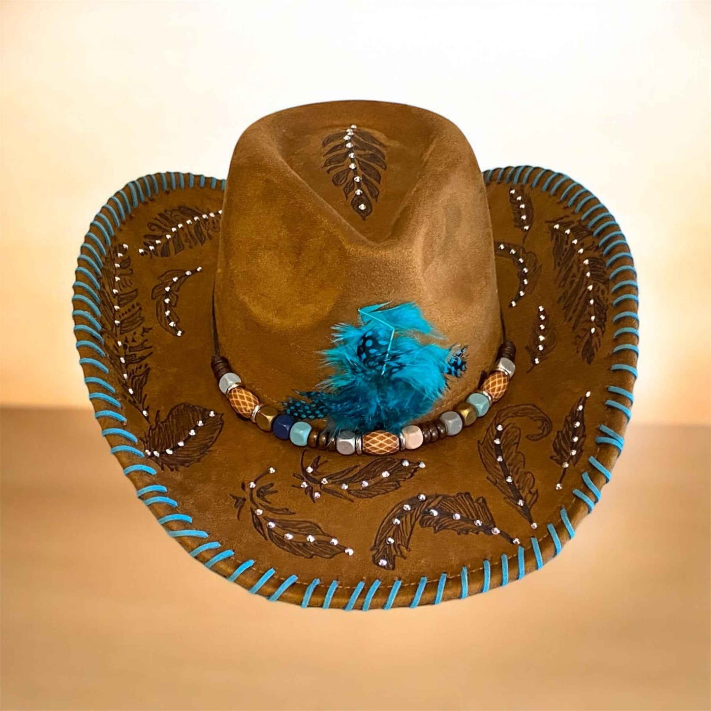 "Feathers": Deluxe Suedette Custom Cowboy Hat, Diamante, Teardrop Crown