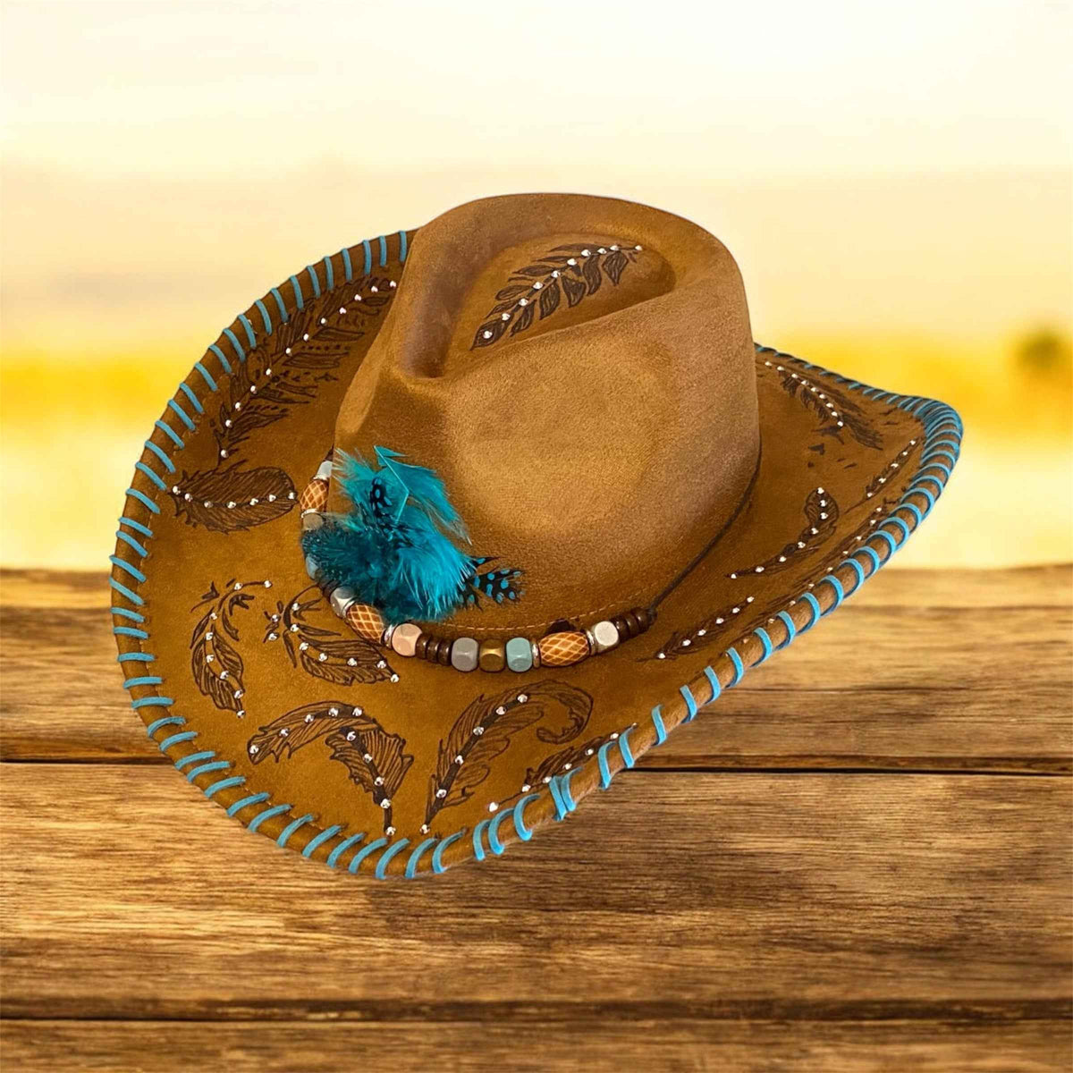 "Feathers": Deluxe Suedette Custom Cowboy Hat, Diamante, Teardrop Crown