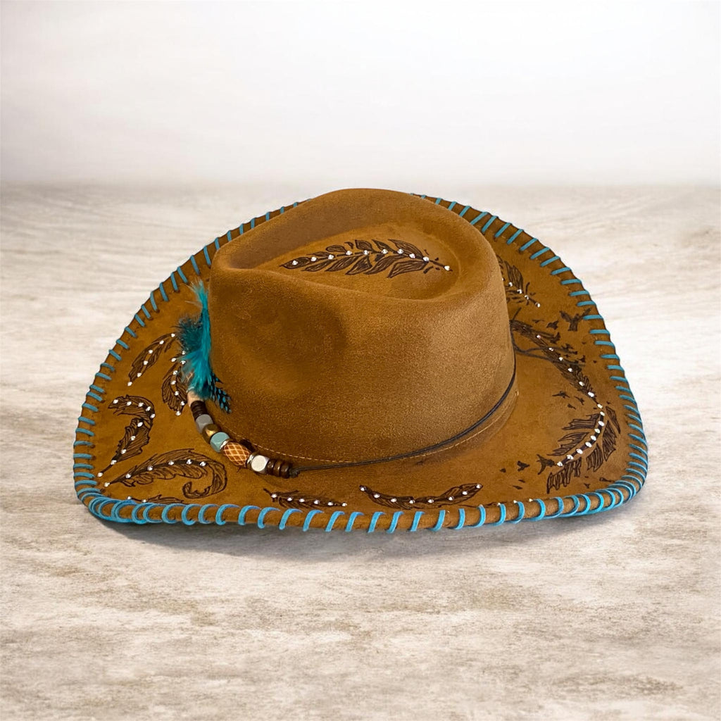 OOAK Custom Cowboy Hat "Feathers" Acorn Coloured Vegan Suede, Diamante