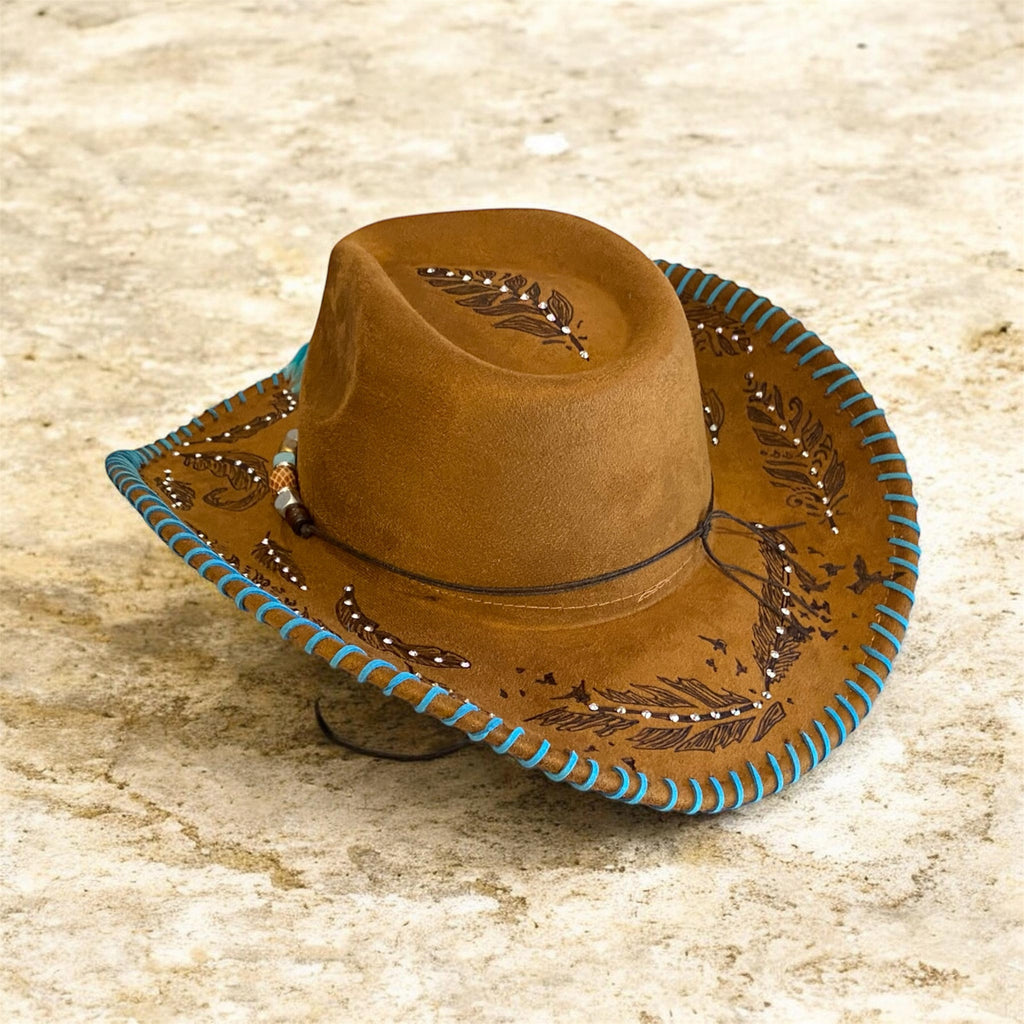 OOAK Custom Cowboy Hat "Feathers" Acorn Coloured Vegan Suede, Diamante