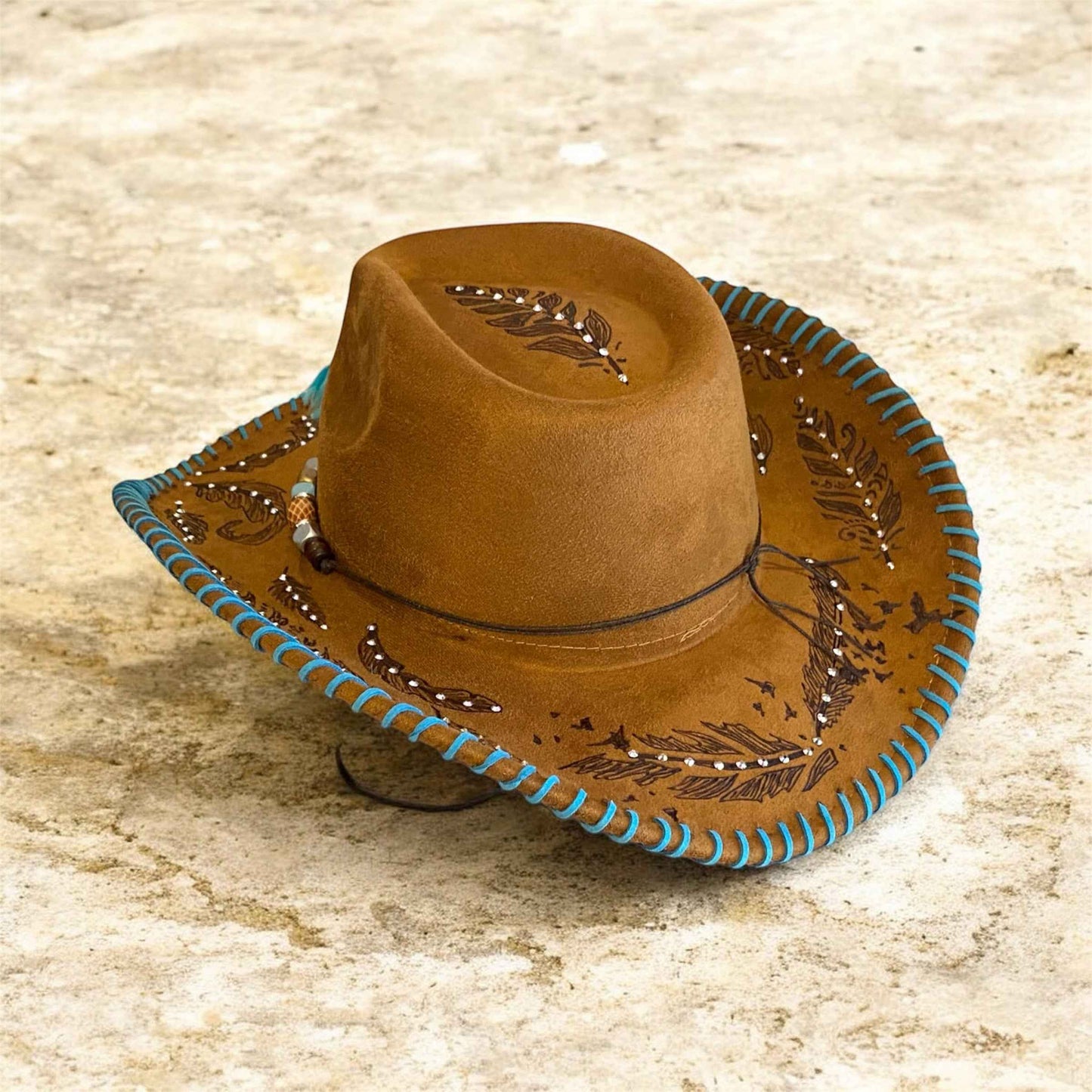 "Feathers": Deluxe Suedette Custom Cowboy Hat, Diamante, Teardrop Crown
