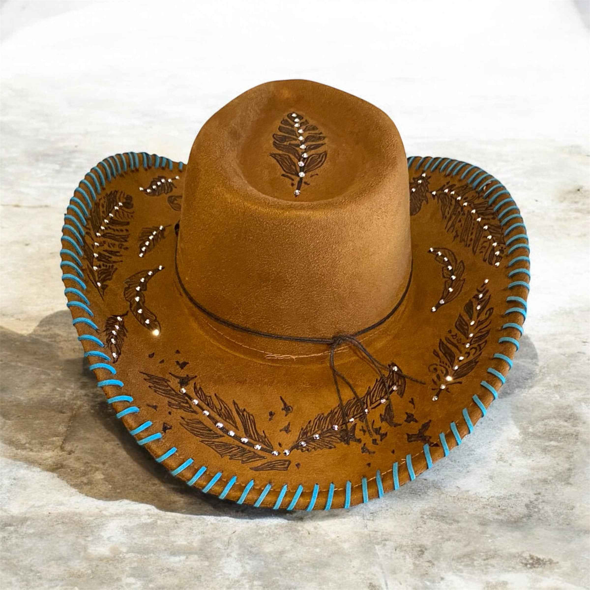 "Feathers": Deluxe Suedette Custom Cowboy Hat, Diamante, Teardrop Crown