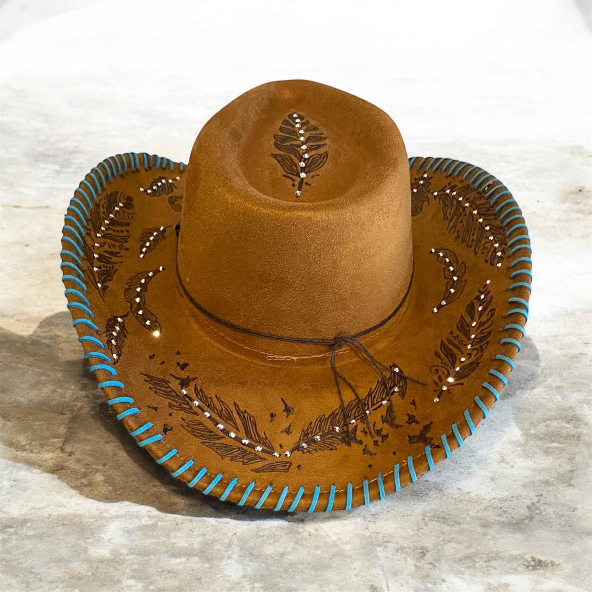 "Feathers": Deluxe Suedette Custom Cowboy Hat, Diamante, Teardrop Crown
