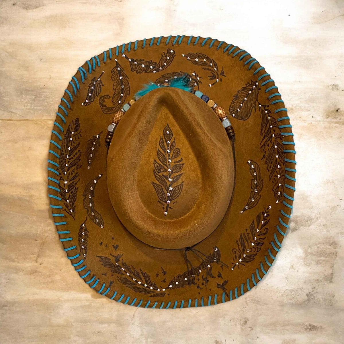 "Feathers": Deluxe Suedette Custom Cowboy Hat, Diamante, Teardrop Crown