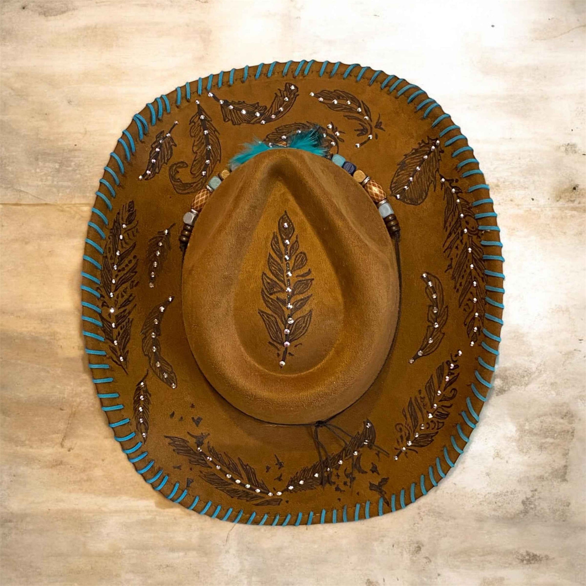 "Feathers": Deluxe Suedette Custom Cowboy Hat, Diamante, Teardrop Crown