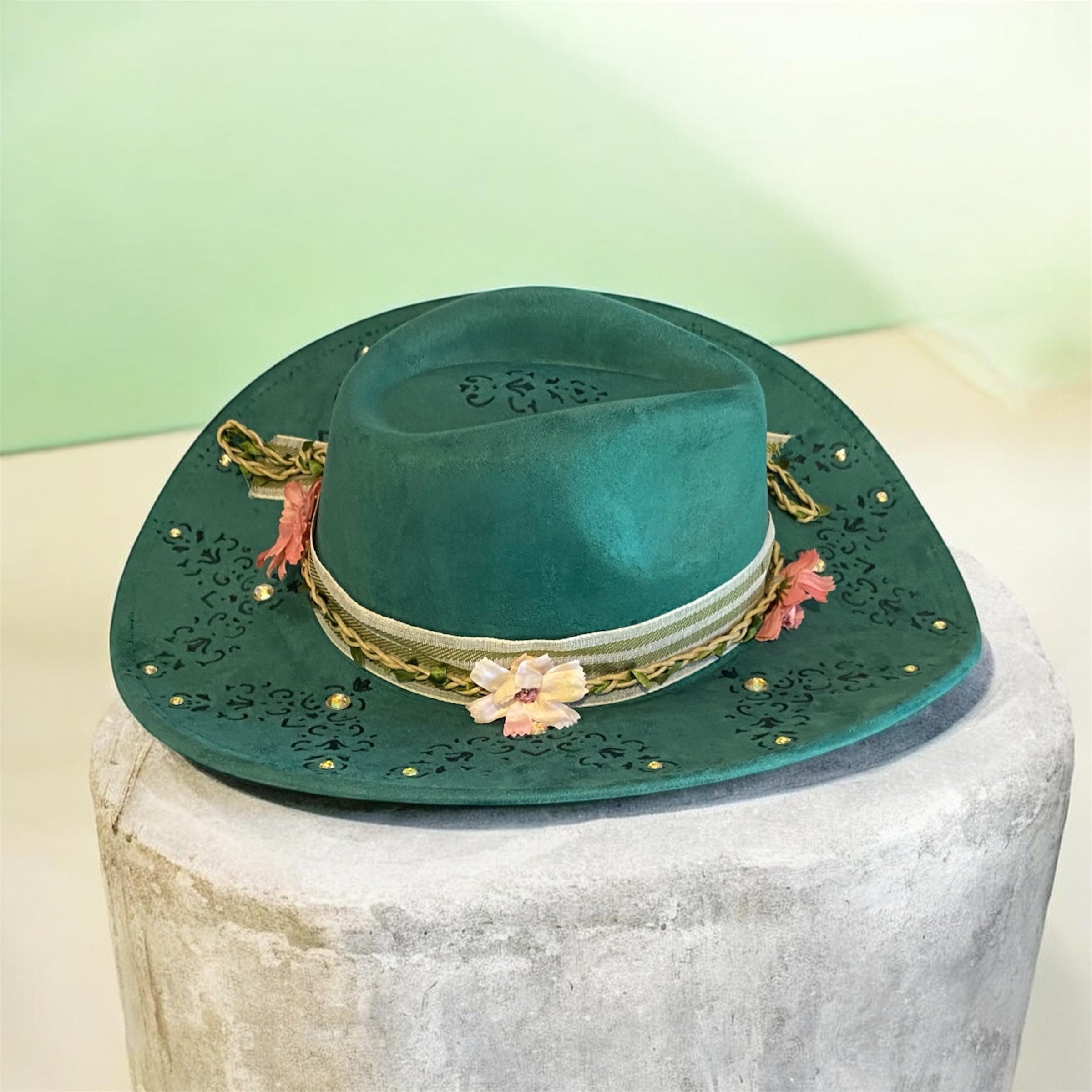 OOAK Custom Cowboy Hat "Green With Envy" Emerald Coloured Vegan Suede, Diamante