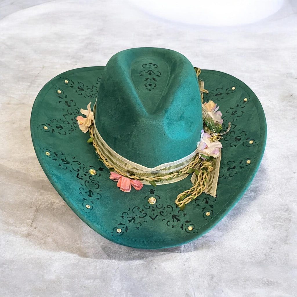 OOAK Custom Cowboy Hat "Green With Envy" Emerald Coloured Vegan Suede, Diamante