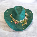 OOAK Custom Cowboy Hat "Green With Envy" Emerald Coloured Vegan Suede, Diamante