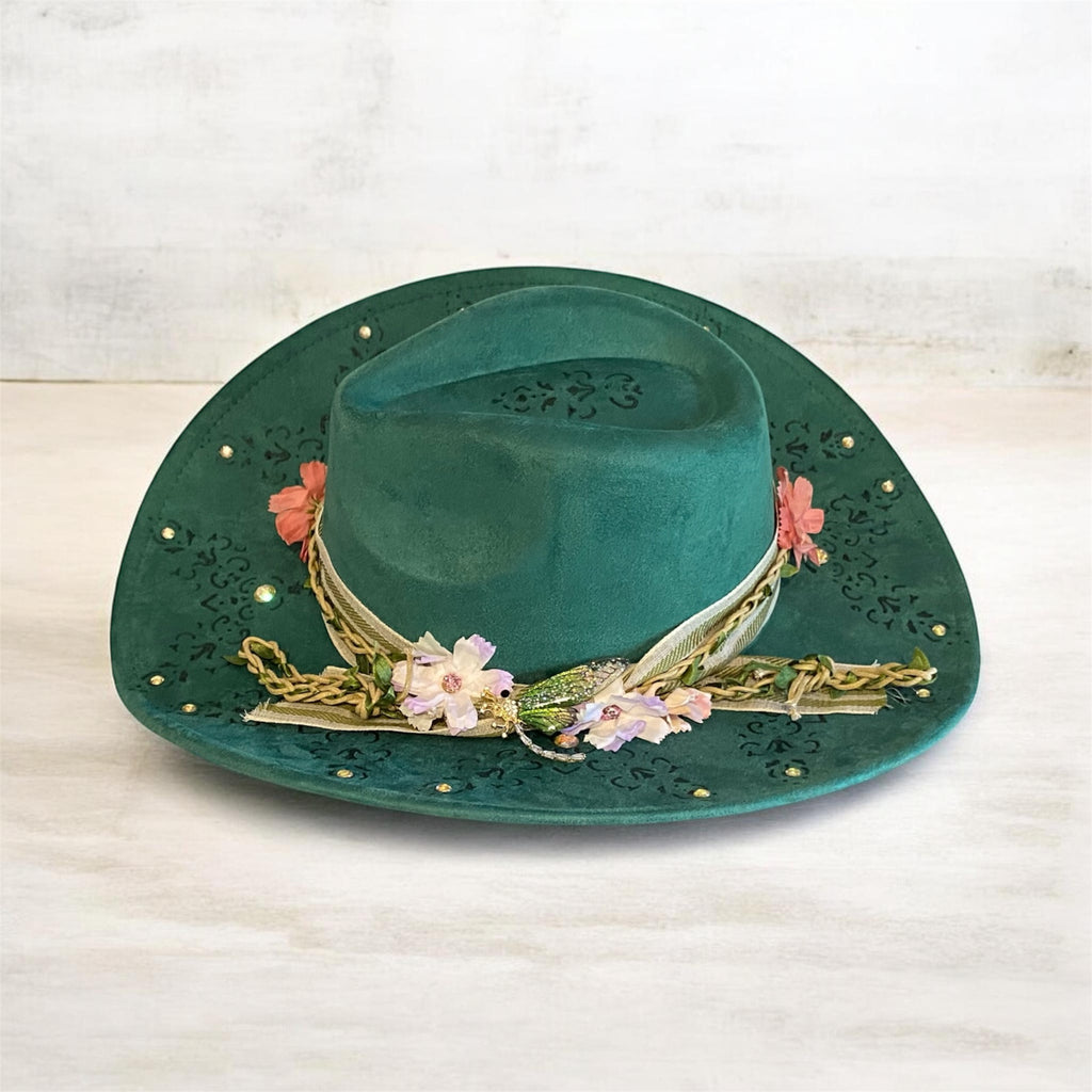 OOAK Custom Cowboy Hat "Green With Envy" Emerald Coloured Vegan Suede, Diamante