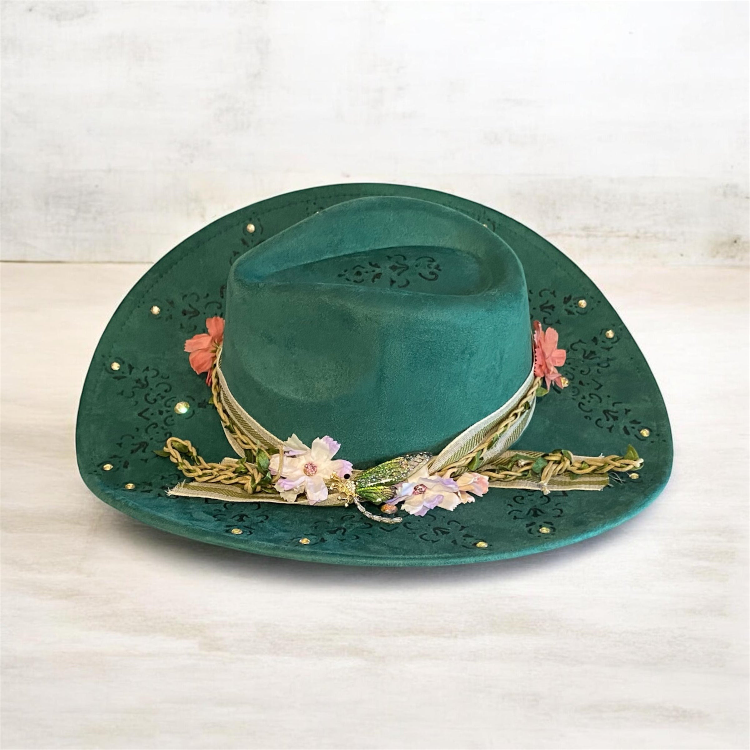 OOAK Custom Cowboy Hat "Green With Envy" Emerald Coloured Vegan Suede, Diamante