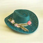 OOAK Custom Cowboy Hat "Green With Envy" Emerald Coloured Vegan Suede, Diamante