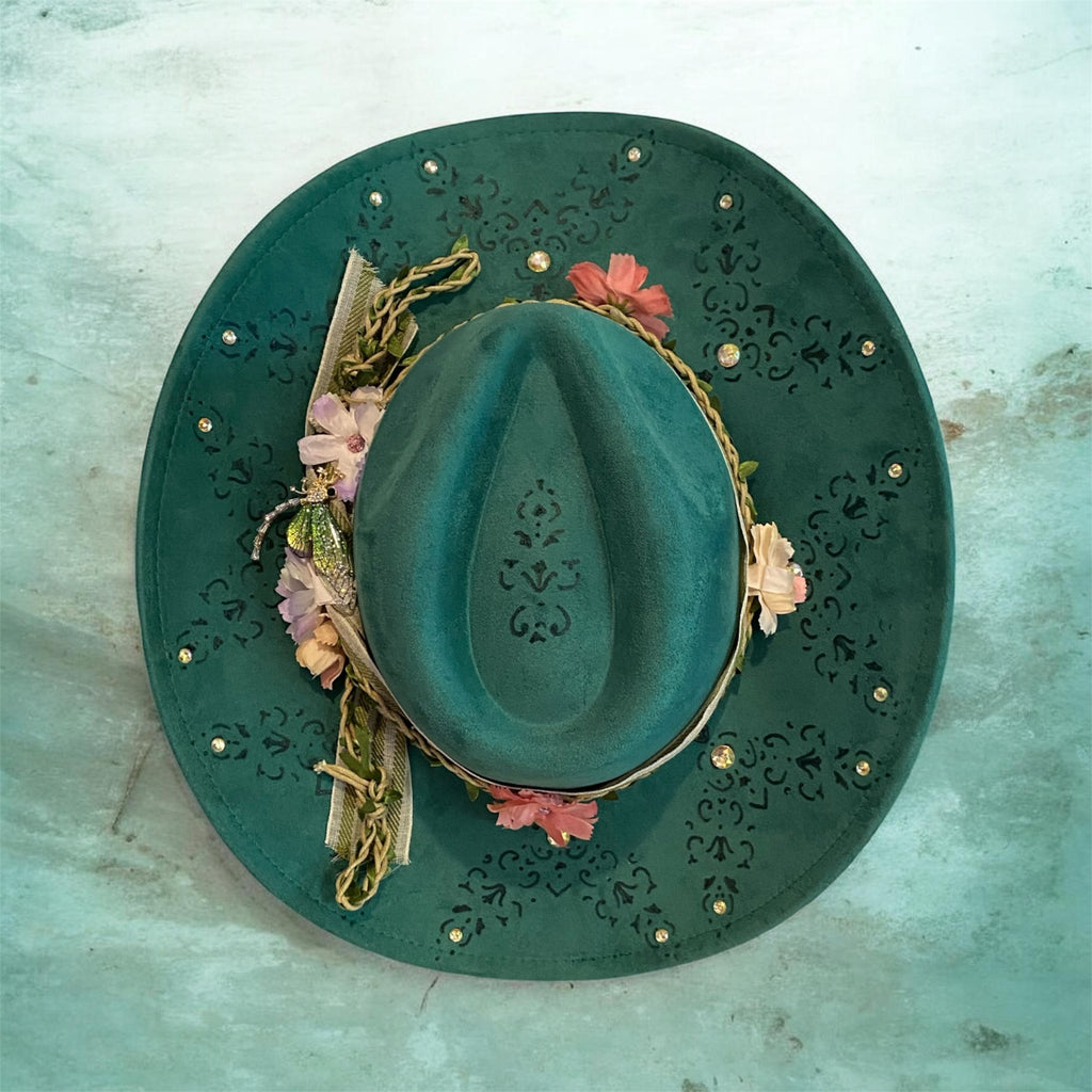 OOAK Custom Cowboy Hat "Green With Envy" Emerald Coloured Vegan Suede, Diamante