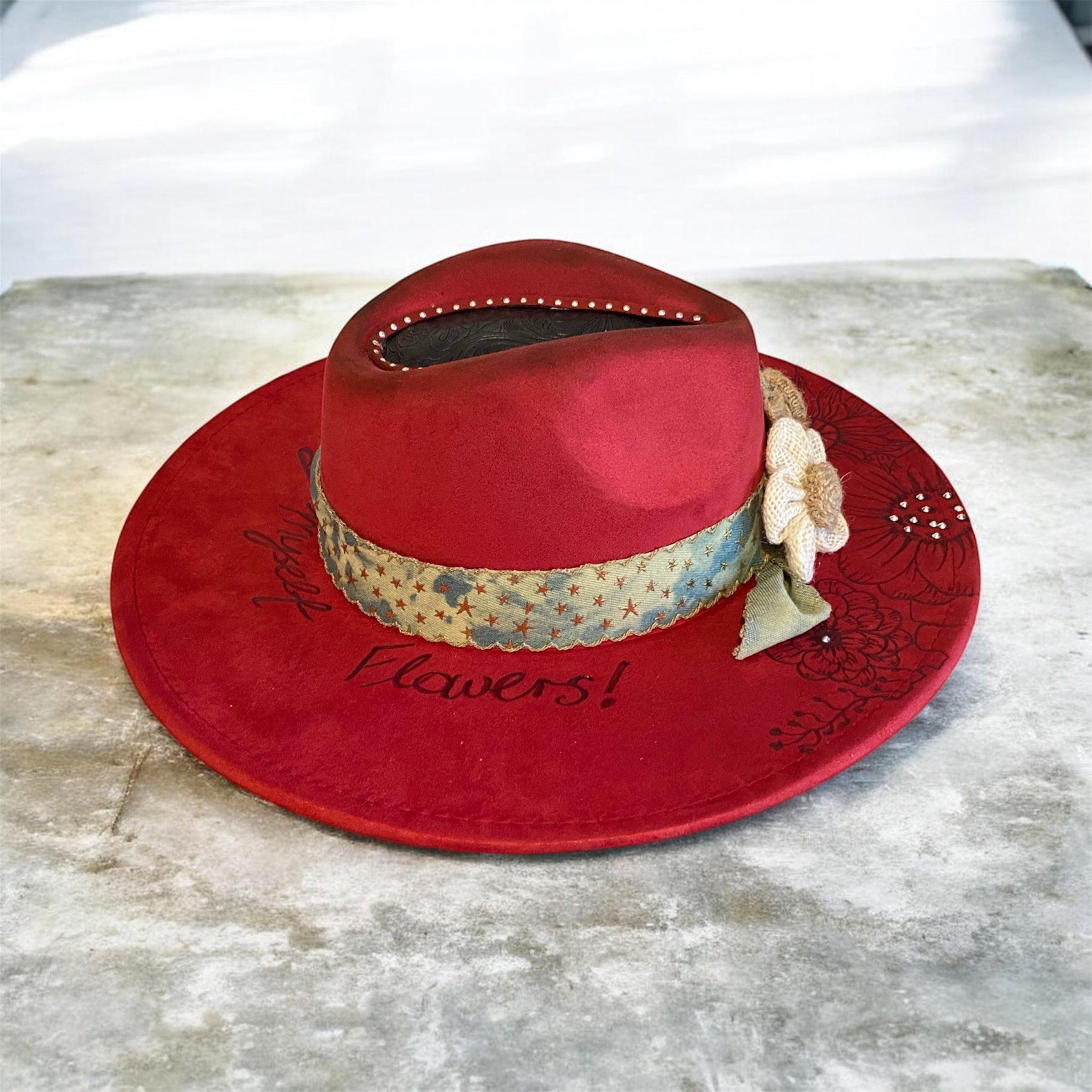 OOAK Custom Fedora Hat "I Can Buy Myself Flowers" Rose Red Coloured Vegan Suede