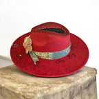 OOAK Custom Fedora Hat "I Can Buy Myself Flowers" Rose Red Coloured Vegan Suede