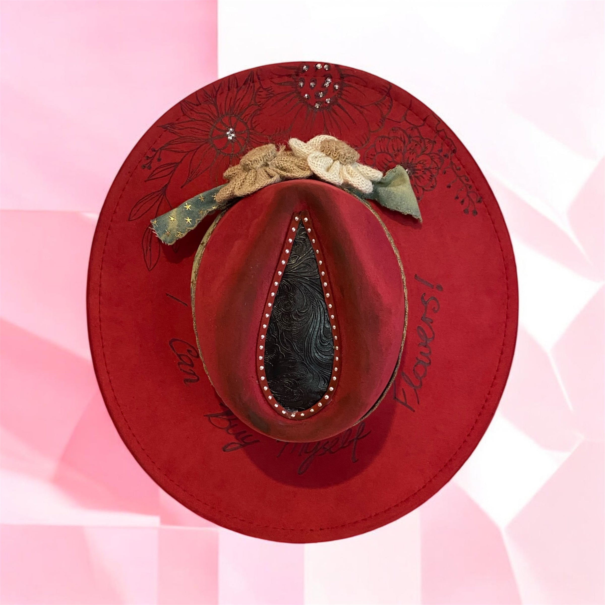 OOAK Custom Fedora Hat "I Can Buy Myself Flowers" Rose Red Coloured Vegan Suede