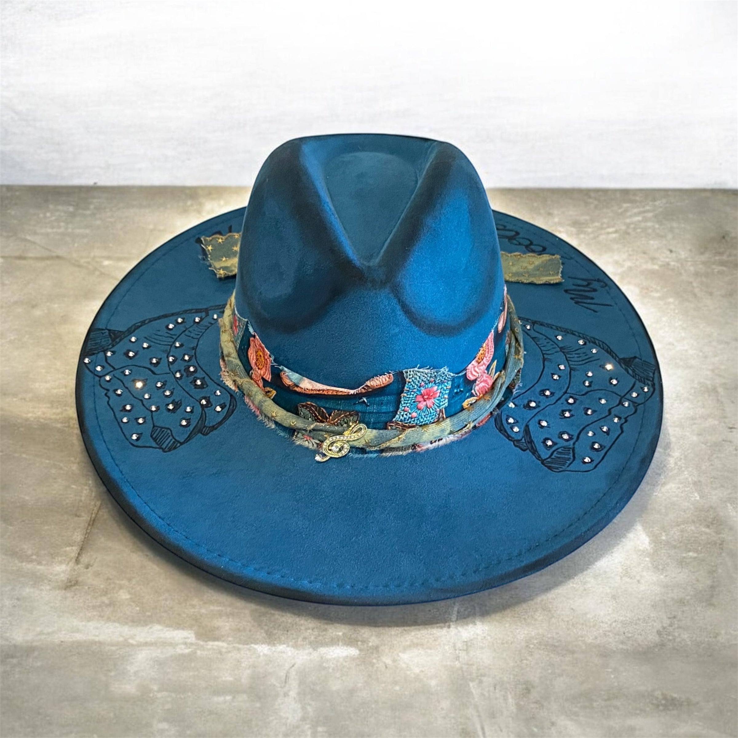 Vegan Suede Custom Fedora Hat "My Boots Made Me Do it" Peacock Blue Diamante